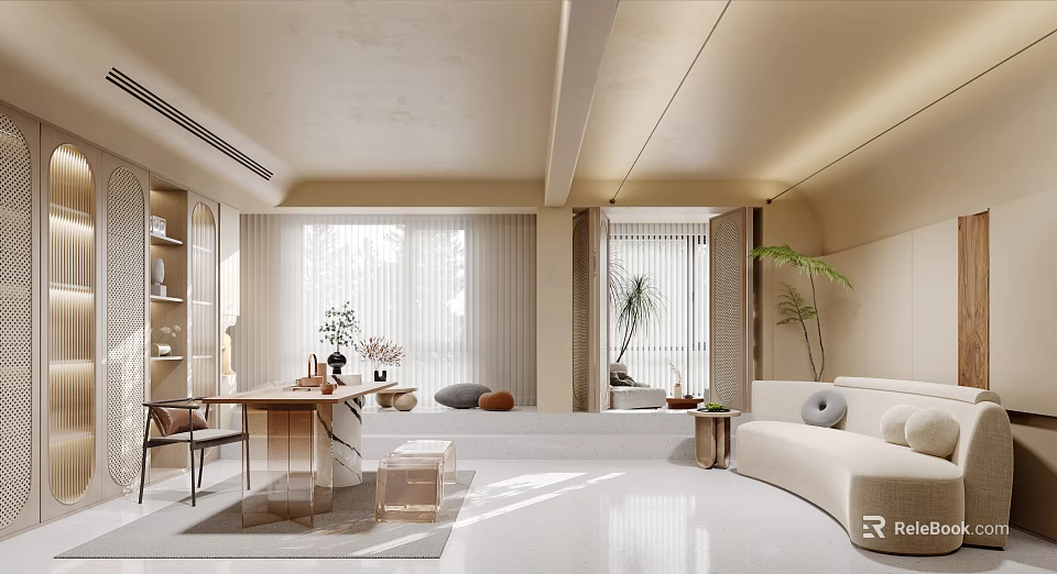 Modern Office Interior With Open Layout Wooden Desk Sofa Plants And Natural Light 3d model 
