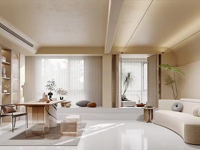 Modern Office Interior With Open Layout Wooden Desk Sofa Plants And Natural Light 3d model