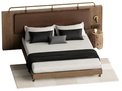 Double Bed with Wooden Leather Headboard White Sheets Black Gray Pillows and Black Bed Runner 3d model