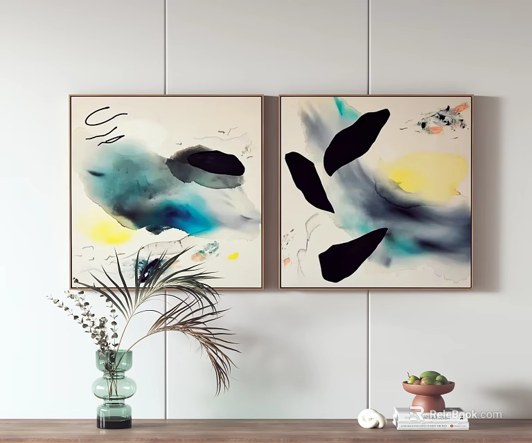 Abstract Paintings Displaying Blue Black Yellow Hues And Fluid Abstract Forms On Wall 3d model 
