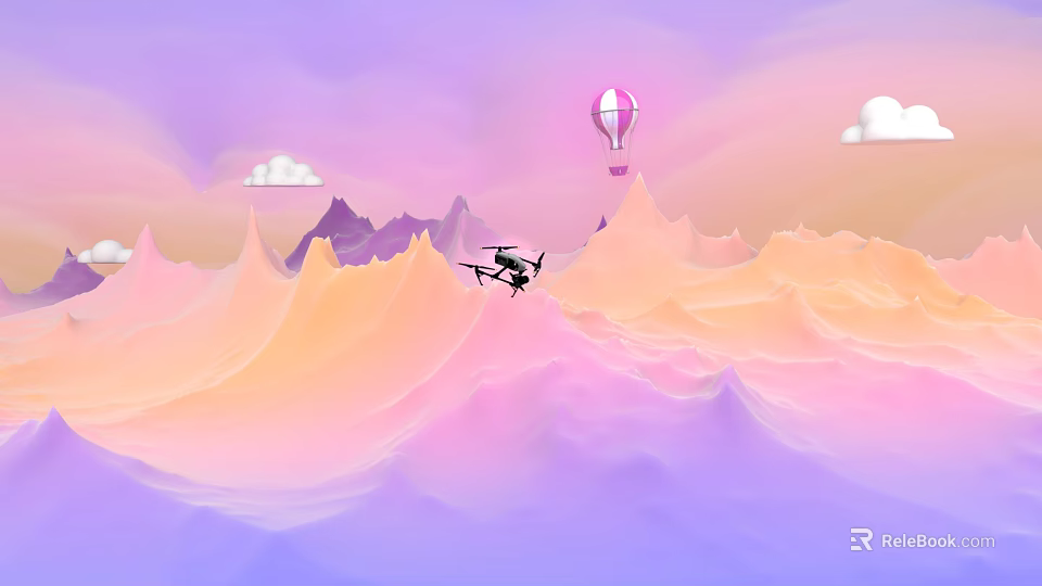 Scenic Purple Pink Sky With Hot Air Balloon Helicopter And Cloudy Mountains 3d model 
