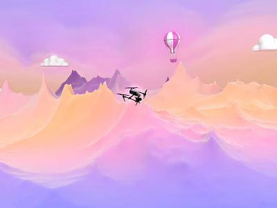 Scenic Purple Pink Sky With Hot Air Balloon Helicopter And Cloudy Mountains 3d model