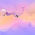 Scenic Purple Pink Sky With Hot Air Balloon Helicopter And Cloudy Mountains