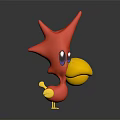 3D Red Cartoon Creature With Spiky Head Purple Eyes And Yellow Beak Feet
