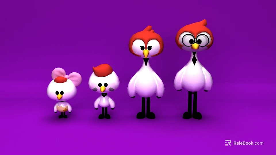 Cartoon Chicken Characters With Red Combs Pink Bow Glasses Tie And Purple Background 3d model 