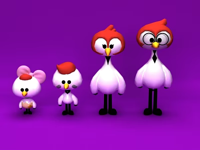Cartoon Chicken Characters With Red Combs Pink Bow Glasses Tie And Purple Background 3d model