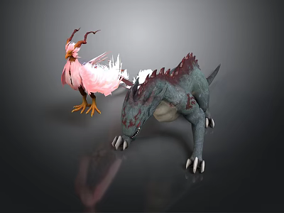 Pink Fluffy Bird With Red Crest And Green Dragon Creature With Spikes And Claws 3d model
