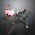Pink Fluffy Bird With Red Crest And Green Dragon Creature With Spikes And Claws