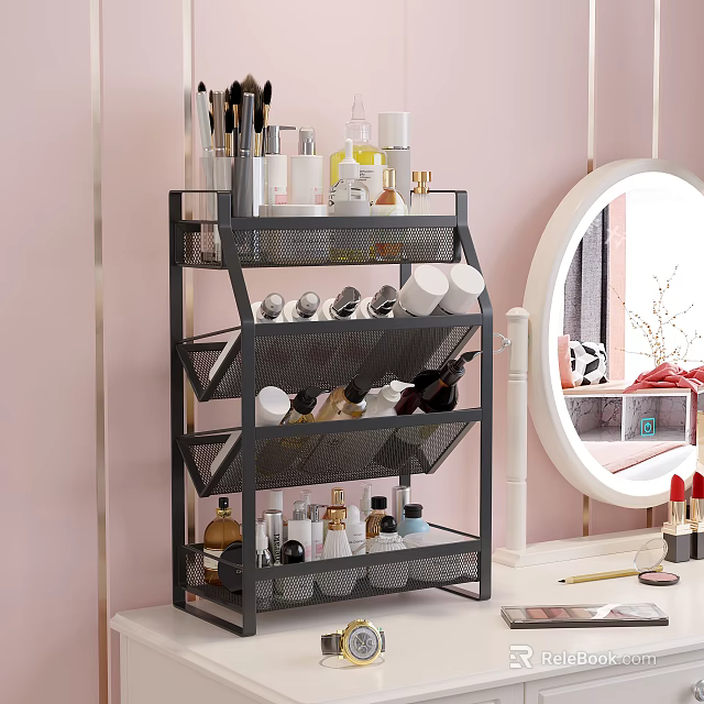 Cosmetics And Perfumes Organized On Storage Rack Near Vanity Mirror 3d model 