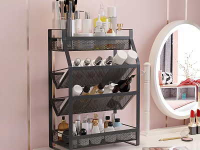Cosmetics And Perfumes Organized On Storage Rack Near Vanity Mirror 3d model