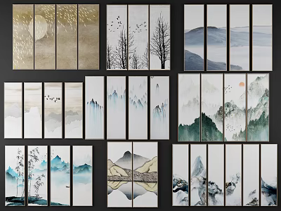 Multi Panel Ink Wash Landscape Paintings With Mountains Water Trees And Birds 3d model