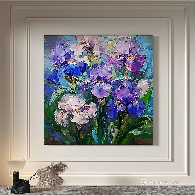 Vibrant Purple Blue White Irises Floral Oil Painting for Home Wall Decor 3d model 