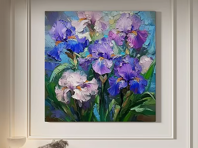 Vibrant Purple Blue White Irises Floral Oil Painting for Home Wall Decor 3d model