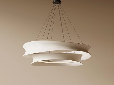 Modern White Layered Circular Chandelier Hanging With Black Cables Against Beige Wall 3d model