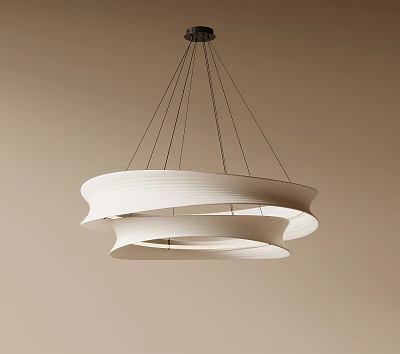 Modern White Layered Circular Chandelier Hanging With Black Cables Against Beige Wall 3d model