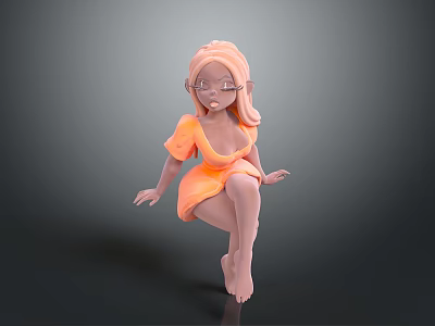 Child With Orange Hair Wearing Orange Dress And Glasses In Squatting Pose Barefoot 3d model