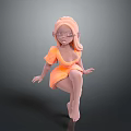 Child With Orange Hair Wearing Orange Dress And Glasses In Squatting Pose Barefoot