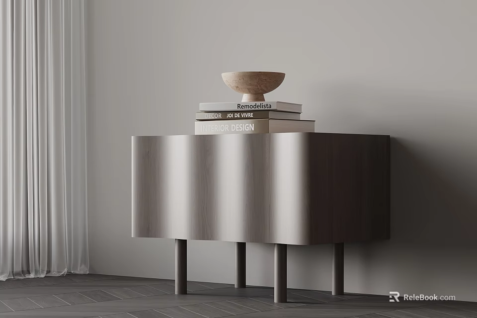 Modern Nightstand with Curved Front Design and Stack of Books with Decorative Bowl 3d model 