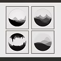 Four Square Framed Circular Black And White Mountain Art With Cave Scenes 3d model