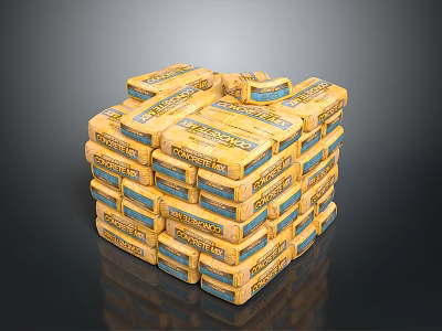 Stacked Industrial Equipment In Yellow Packages With Blue Labels For Storage 3d model