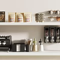 Modern Kitchen With Coffee Machine Coffee Cups Capsule Holders Utensils Dried Flowers And Shelves