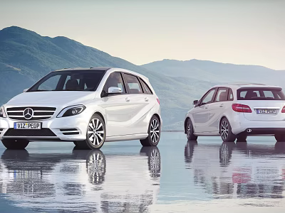 White Mercedes Compact Cars Parked By Water With Mountain Background And Reflection 3d model