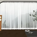 White Sheer Curtains In Arched Window Modern Minimalist Interior With Decorative Painting And Plant