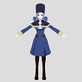 Woman With Blue Hair In Black Hat Blue Coat Dress With Belt Black Stockings Shoes