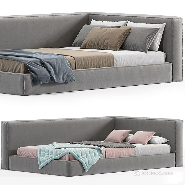 Modern Grey Bed Frame Interior With Colorful Pillows And Soft Blanket 3d model