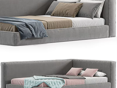 Modern Grey Bed Frame Interior With Colorful Pillows And Soft Blanket 3d model