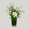 Black Vase With White Lilies Pink Buds And Green Leaves On Simple Background