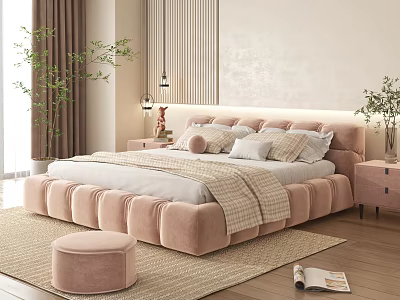 Cozy Modern Bedroom Interior With Pink Tufted Bed Pillows Throw Blanket And Plants 3d model