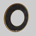 Round Mirror With Black And Gold Striped Frame Reflecting Living Room Interior