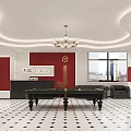 Elegant Bar Interior With Pool Table Red Chairs Black Cabinets Chandelier And Tiled Floor