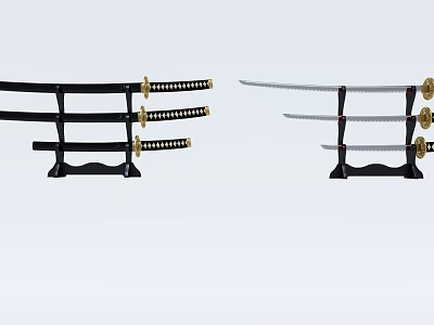 Traditional Japanese Samurai Swords Displayed on Wooden Stands with Golden Handles 3d model