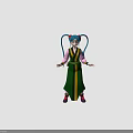 Anime Character With Blue Twin Ponytails In Green And Pink Traditional Outfit Three Angles View