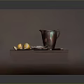 Fresh Oysters On Wooden Tray With Metal Pitcher Lemon Slices And Knife