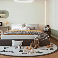 Modern Bedroom Interior With Bed Round Rug Stuffed Toys Desk Chair And Bookshelf