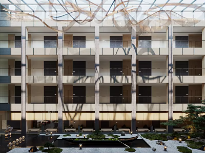 Spacious Multi Story Atrium Interior With Ceiling Art Water Pond And Green Plants 3d model