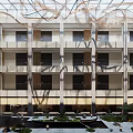 Spacious Multi Story Atrium Interior With Ceiling Art Water Pond And Green Plants