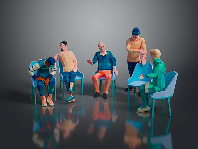 Colorful Human Figures Sitting On Blue Chairs In Gray Background With Reflective Floor 3d model