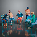 Colorful Human Figures Sitting On Blue Chairs In Gray Background With Reflective Floor