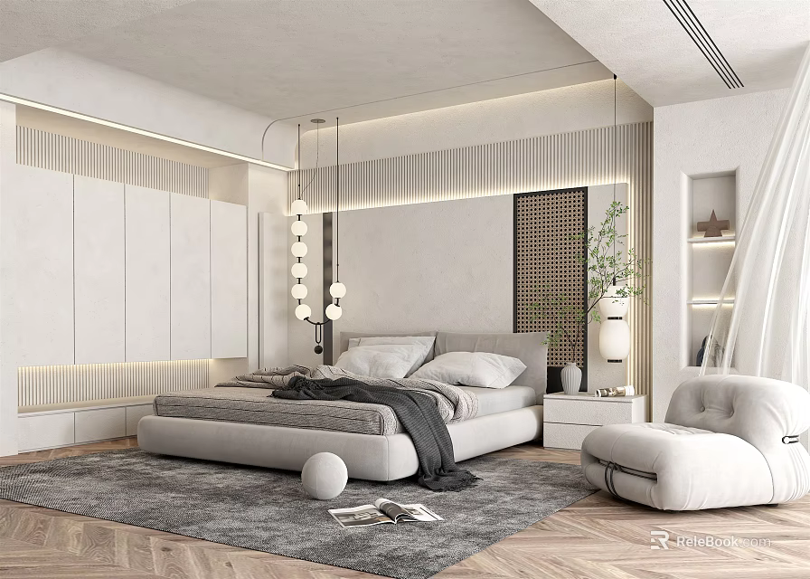 Modern Bedroom Interior With Pendant Lights Platform Bed Area Rug Accent Chair And Green Plant 3d model 