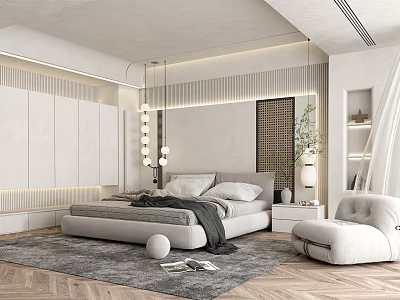 Modern Bedroom Interior With Pendant Lights Platform Bed Area Rug Accent Chair And Green Plant 3d model
