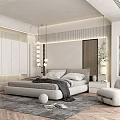 Modern Bedroom Interior With Pendant Lights Platform Bed Area Rug Accent Chair And Green Plant