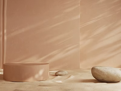 Modern Commercial Display Equipment With Pink Wall Sand Ground Round Pedestal And Stones 3d model