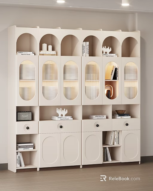 Modern Light Colored Bookcase With Glass Doors Shelves Drawers And Decorative Items 3d model 