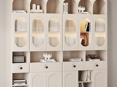 Modern Light Colored Bookcase With Glass Doors Shelves Drawers And Decorative Items 3d model