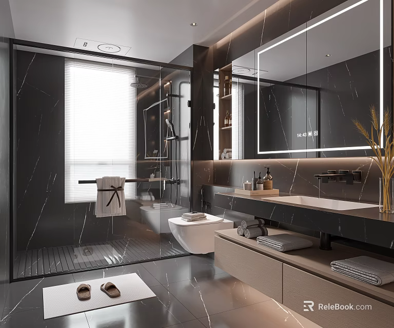 Modern Bathroom Interior With Black Marble Walls Large Mirror Open Shower White Toilet And Vanity 3d model 