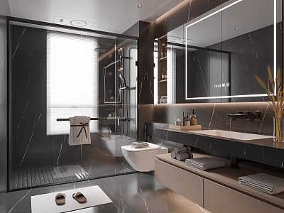 Modern Bathroom Interior With Black Marble Walls Large Mirror Open Shower White Toilet And Vanity 3d model